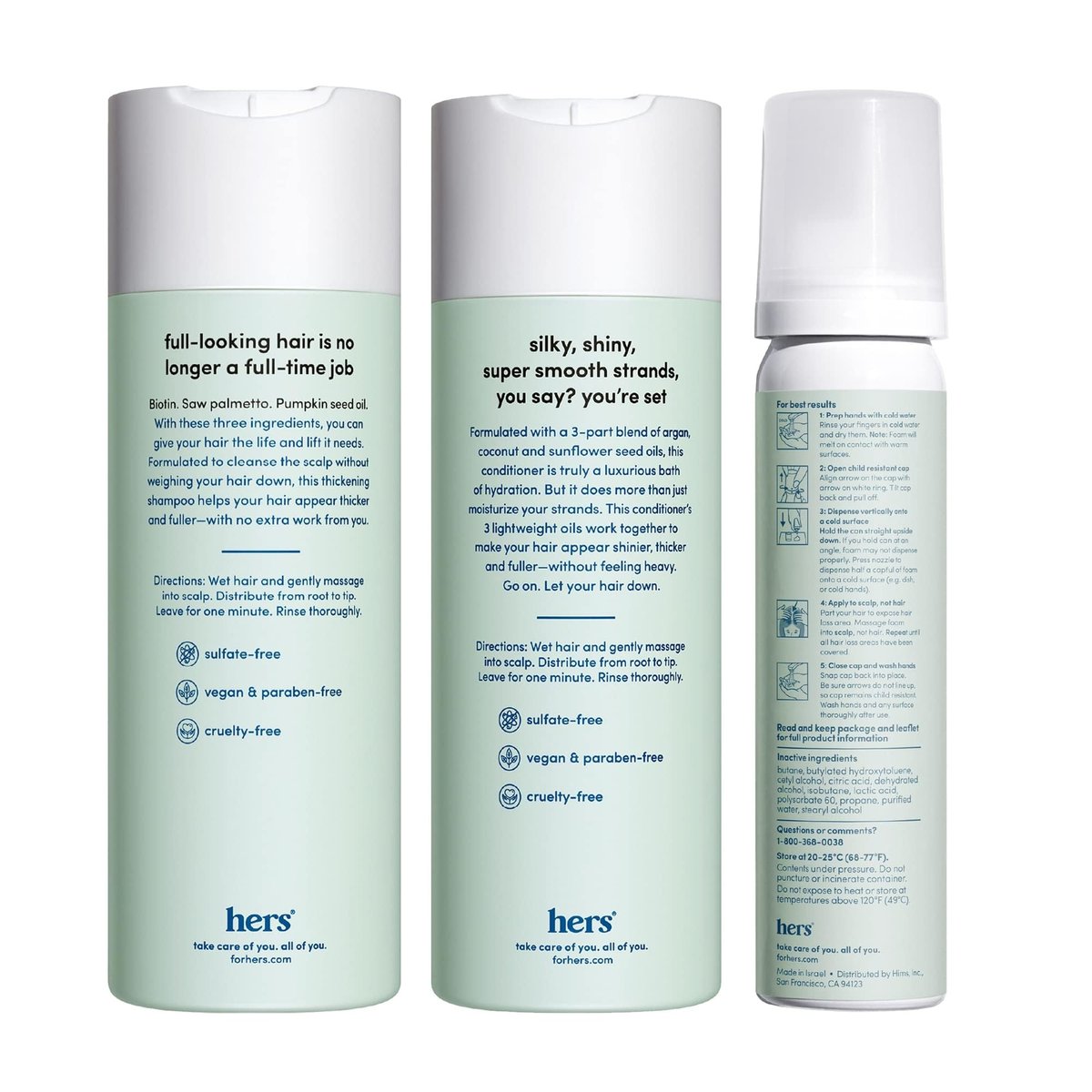 Hers Triple Threat Shampoo, Conditioner, & Minoxidil Set - Hair Thickening & Strengthening with 5% Minoxidil Foam - Paraben-Free, Vegan, Color-Safe - 3 Count Avelisse