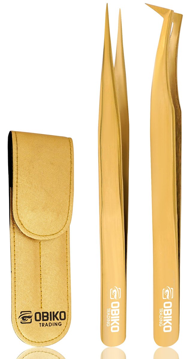 Obiko Eyelash Extension Tweezers Set - 2 Piece Gold Straight & Curved Lash Tweezer for Precision Application & Correction - görsel 1