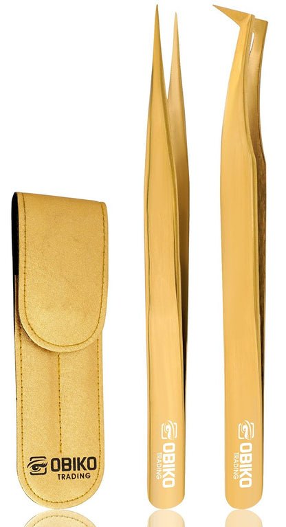 Obiko Eyelash Extension Tweezers Set - 2 Piece Gold Straight & Curved Lash Tweezer for Precision Application & Correction