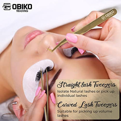Obiko Eyelash Extension Tweezers Set - 2 Piece Gold Straight & Curved Lash Tweezer for Precision Application & Correction