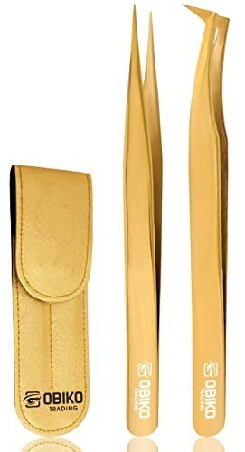 Obiko Eyelash Extension Tweezers Set - 2 Piece Gold Straight & Curved Lash Tweezer for Precision Application & Correction