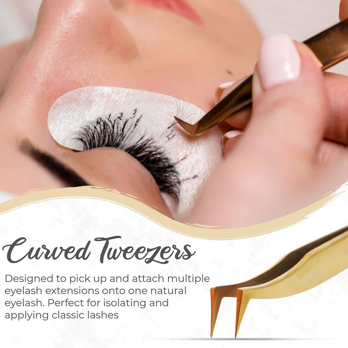 Obiko Eyelash Extension Tweezers Set - 2 Piece Gold Straight & Curved Lash Tweezer for Precision Application & Correction - görsel 7