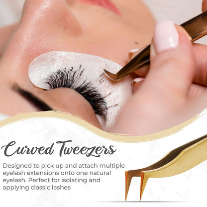 Obiko Eyelash Extension Tweezers Set - 2 Piece Gold Straight & Curved Lash Tweezer for Precision Application & Correction