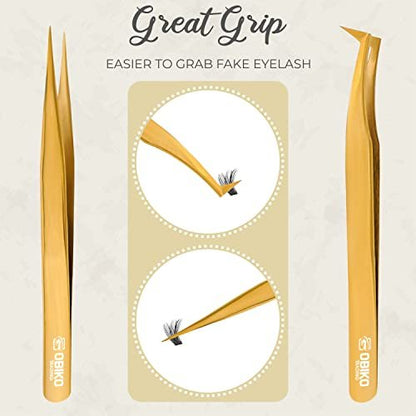 Obiko Eyelash Extension Tweezers Set - 2 Piece Gold Straight & Curved Lash Tweezer for Precision Application & Correction