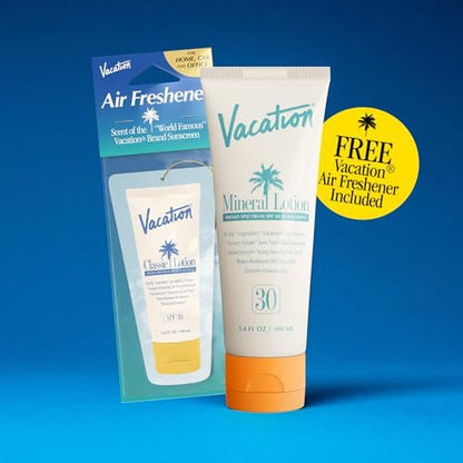 Vacation Mineral Lotion Sunscreen SPF 30 & Air Freshener Bundle – Non-Nano Zinc Oxide, No White Cast, Water-Resistant, Dermatologist-Tested, Vegan, Travel Size 3.4 Fl Oz Avelisse
