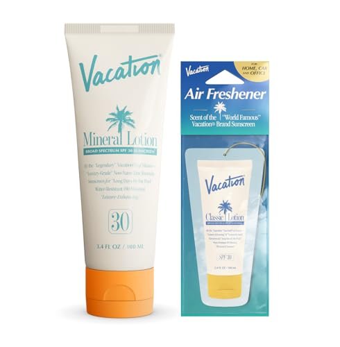 Vacation Mineral Lotion Sunscreen SPF 30 & Air Freshener Bundle – Non-Nano Zinc Oxide, No White Cast, Water-Resistant, Dermatologist-Tested, Vegan, Travel Size 3.4 Fl Oz Avelisse