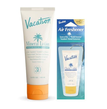 Vacation Mineral Lotion Sunscreen SPF 30 & Air Freshener Bundle – Non-Nano Zinc Oxide, No White Cast, Water-Resistant, Dermatologist-Tested, Vegan, Travel Size 3.4 Fl Oz Avelisse