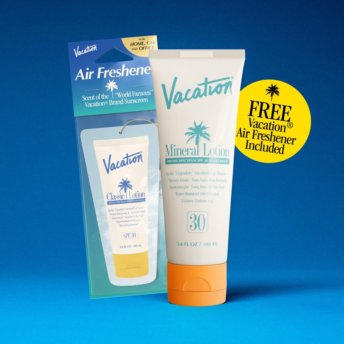 Vacation Mineral Lotion Sunscreen SPF 30 & Air Freshener Bundle – Non-Nano Zinc Oxide, No White Cast, Water-Resistant, Dermatologist-Tested, Vegan, Travel Size 3.4 Fl Oz Avelisse