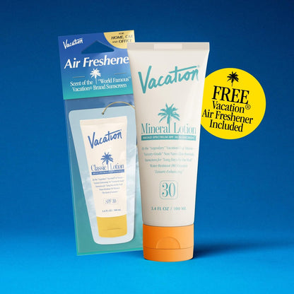 Vacation Mineral Lotion Sunscreen SPF 30 & Air Freshener Bundle – Non-Nano Zinc Oxide, No White Cast, Water-Resistant, Dermatologist-Tested, Vegan, Travel Size 3.4 Fl Oz Avelisse