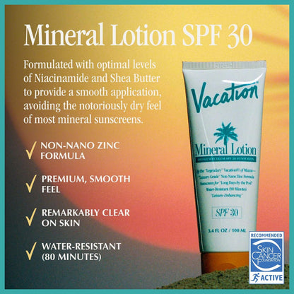 Vacation Mineral Lotion Sunscreen SPF 30 & Air Freshener Bundle – Non-Nano Zinc Oxide, No White Cast, Water-Resistant, Dermatologist-Tested, Vegan, Travel Size 3.4 Fl Oz Avelisse