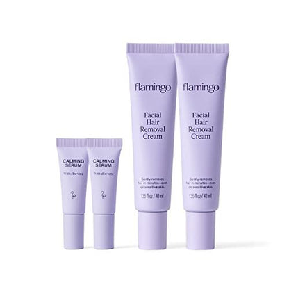Flamingo Women's Facial Hair Removal Cream with Calming Serum - 2 Pack, 1.35 fl oz Each - For Chin, Upper Lip, and Sideburns Avelisse