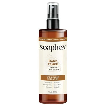 Soapbox Mane Tamer Leave-In Conditioner Spray - Tame Frizz, Smooth Flyaways, Hydrate & Detangle Dry Damaged Hair - Paraben Free Vegan 8 oz
