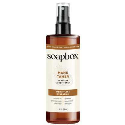 Soapbox Mane Tamer Leave-In Conditioner Spray - Tame Frizz, Smooth Flyaways, Hydrate & Detangle Dry Damaged Hair - Paraben Free Vegan 8 oz