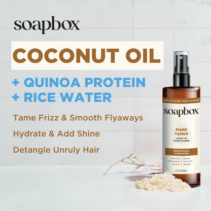 Soapbox Mane Tamer Leave-In Conditioner Spray - Tame Frizz, Smooth Flyaways, Hydrate & Detangle Dry Damaged Hair - Paraben Free Vegan 8 oz