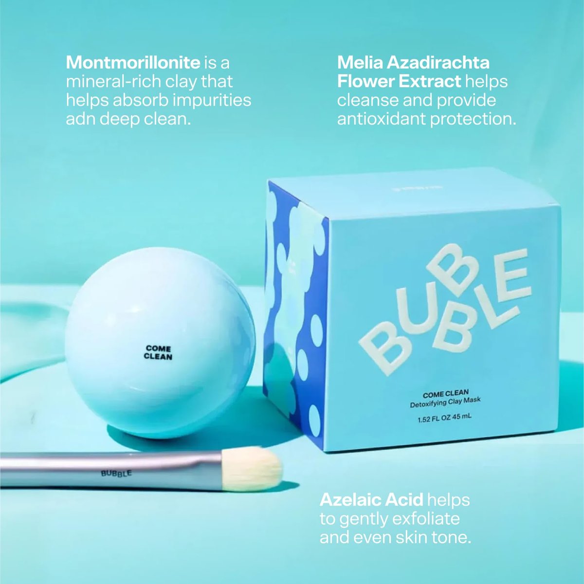 Bubble Skincare Come Clean Detoxifying Clay Mask – Mineral-Rich Face Mask with Azelaic Acid and Vitamin E – Gentle Exfoliating Mask for All Skin Types (1.52 oz) Avelisse