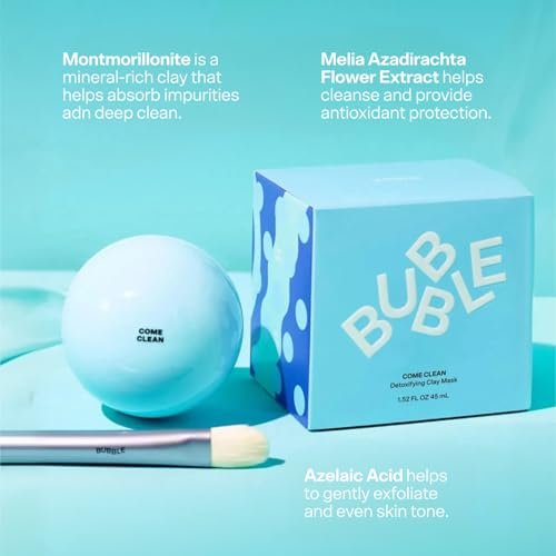 Bubble Skincare Come Clean Detoxifying Clay Mask – Mineral-Rich Face Mask with Azelaic Acid and Vitamin E – Gentle Exfoliating Mask for All Skin Types (1.52 oz) Avelisse