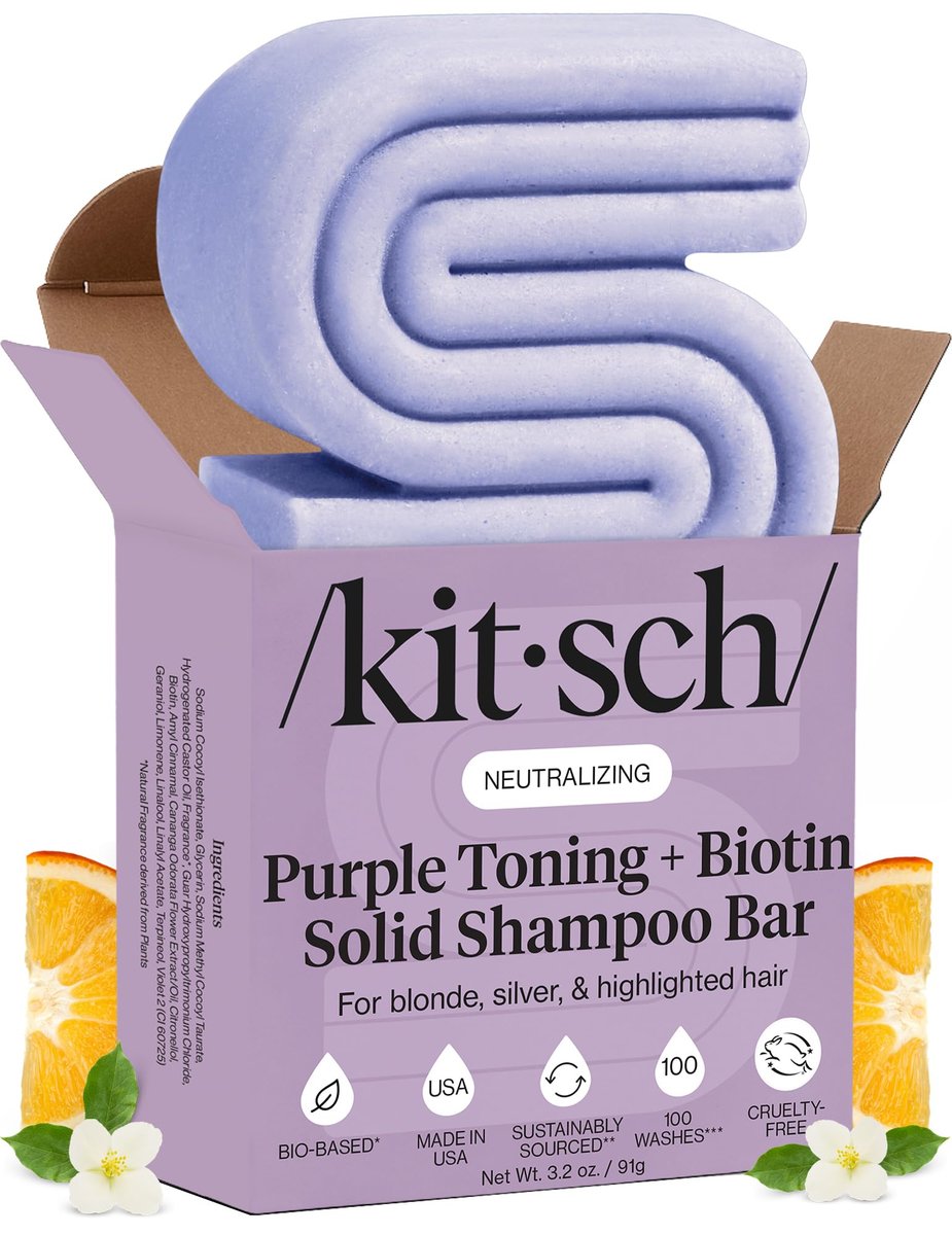 Kitsch Toning Purple Shampoo Bar for Blondes & Color Treated Hair - Biotin Shampoo for Strengthening, Neutralizing Brassy Tones - Vegan, Silicone & Sulfate Free - 3.2 oz - görsel 1