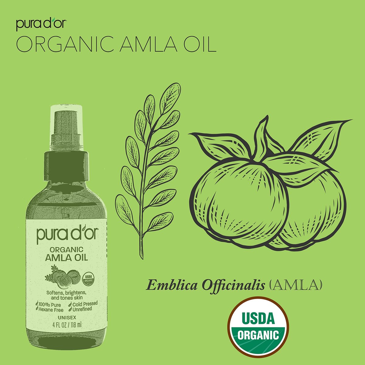 PURA D'OR 4 Oz Organic Amla Oil – 100% Pure USDA Certified Premium Grade, Cold Pressed, Unrefined, Extra Virgin Hair Serum for Thickening & Growth – Women & Men - görsel 3