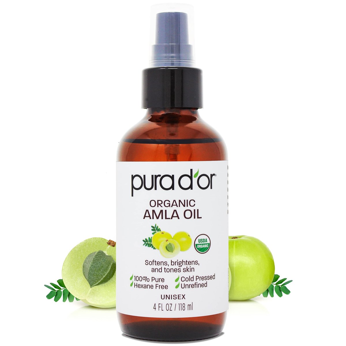 PURA D'OR 4 Oz Organic Amla Oil – 100% Pure USDA Certified Premium Grade, Cold Pressed, Unrefined, Extra Virgin Hair Serum for Thickening & Growth – Women & Men - görsel 1