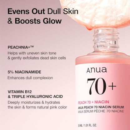 Anua Peach 70 Niacinamide Serum – Daily Glow Serum for Glass Skin, Hydrating & Lightweight Korean Face Serum with Vitamin B12, 1.01 fl.oz Avelisse