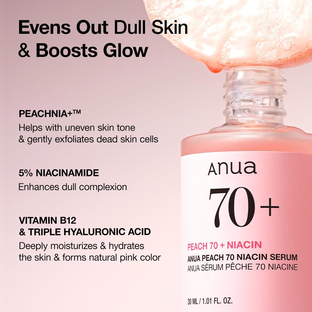 Anua Peach 70 Niacinamide Serum – Daily Glow Serum for Glass Skin, Hydrating & Lightweight Korean Face Serum with Vitamin B12, 1.01 fl.oz Avelisse
