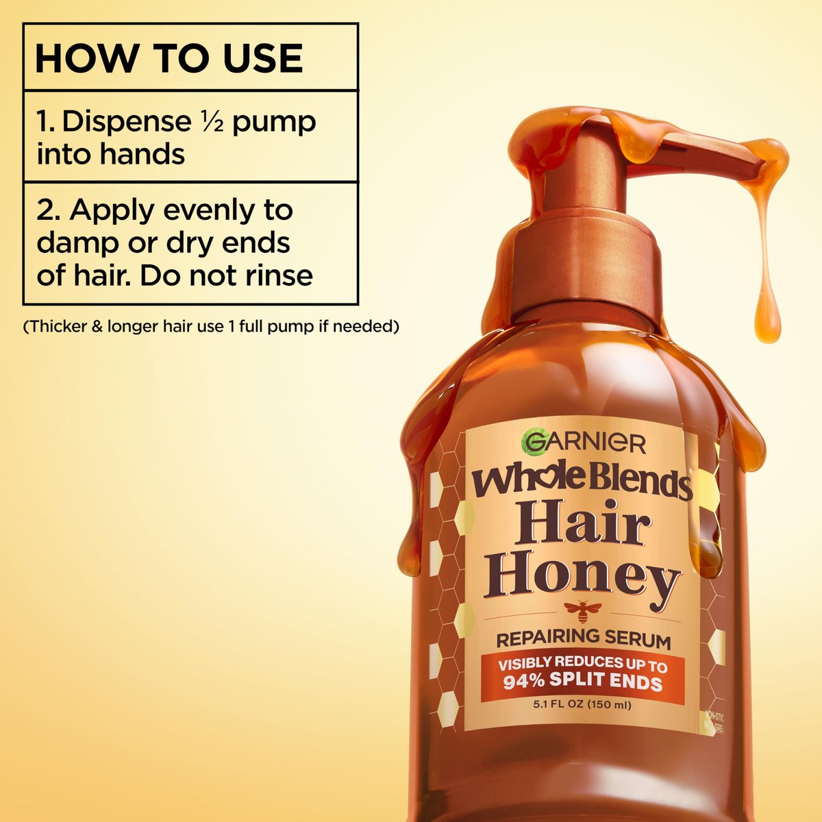 Garnier Whole Blends Honey Treasures Hair Honey Repairing Serum for Long, Damaged Hair, 5.1 Fl Oz (Pack of 2) - görsel 12