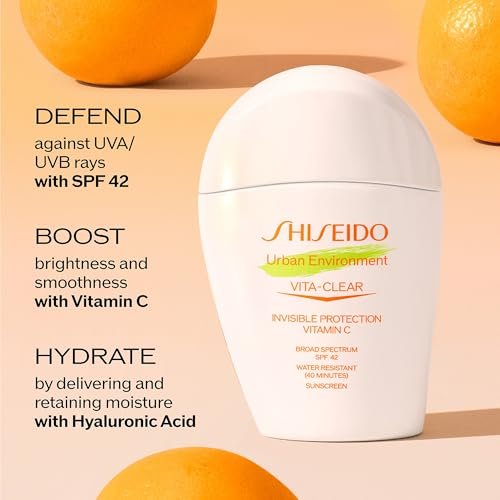 Shiseido Urban Environment Vita-Clear Sunscreen SPF 42 - Invisible Vitamin C Sun Protection, No-Shine, 8-Hour Makeup Effect, Non-Comedogenic, 30 mL Avelisse