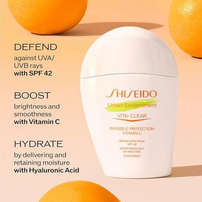 Shiseido Urban Environment Vita-Clear Sunscreen SPF 42 - Invisible Vitamin C Sun Protection, No-Shine, 8-Hour Makeup Effect, Non-Comedogenic, 30 mL Avelisse