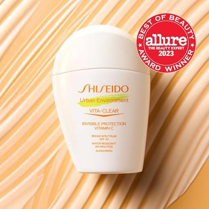Shiseido Urban Environment Vita-Clear Sunscreen SPF 42 - Invisible Vitamin C Sun Protection, No-Shine, 8-Hour Makeup Effect, Non-Comedogenic, 30 mL Avelisse