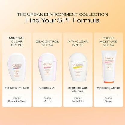 Shiseido Urban Environment Vita-Clear Sunscreen SPF 42 - Invisible Vitamin C Sun Protection, No-Shine, 8-Hour Makeup Effect, Non-Comedogenic, 30 mL Avelisse