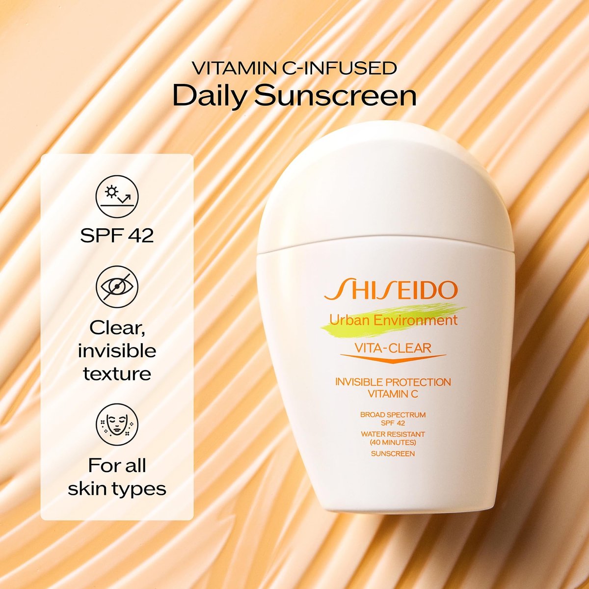 Shiseido Urban Environment Vita-Clear Sunscreen SPF 42 - Invisible Vitamin C Sun Protection, No-Shine, 8-Hour Makeup Effect, Non-Comedogenic, 30 mL Avelisse