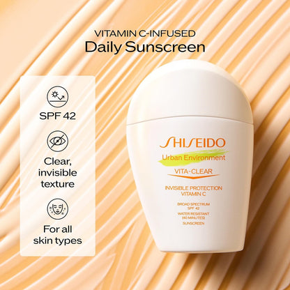 Shiseido Urban Environment Vita-Clear Sunscreen SPF 42 - Invisible Vitamin C Sun Protection, No-Shine, 8-Hour Makeup Effect, Non-Comedogenic, 30 mL Avelisse