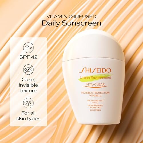 Shiseido Urban Environment Vita-Clear Sunscreen SPF 42 - Invisible Vitamin C Sun Protection, No-Shine, 8-Hour Makeup Effect, Non-Comedogenic, 30 mL Avelisse