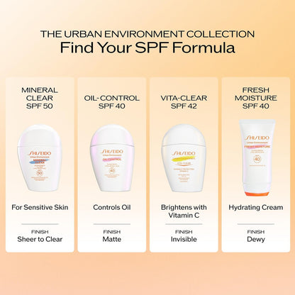 Shiseido Urban Environment Vita-Clear Sunscreen SPF 42 - Invisible Vitamin C Sun Protection, No-Shine, 8-Hour Makeup Effect, Non-Comedogenic, 30 mL Avelisse