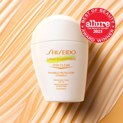 Shiseido Urban Environment Vita-Clear Sunscreen SPF 42 - Invisible Vitamin C Sun Protection, No-Shine, 8-Hour Makeup Effect, Non-Comedogenic, 30 mL Avelisse