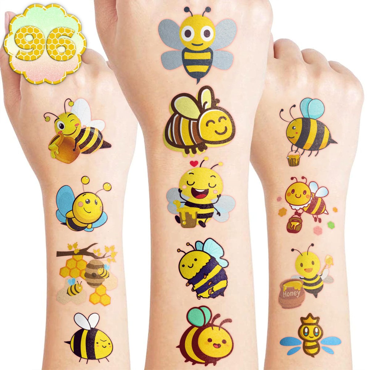 96PCS Bee Pre-Cut Temporary Tattoos for Kids – Cute Party Favors & Decorations, Perfect for Birthday Parties, School Prizes, and Themed Gifts for Boys & Girls - görsel 1