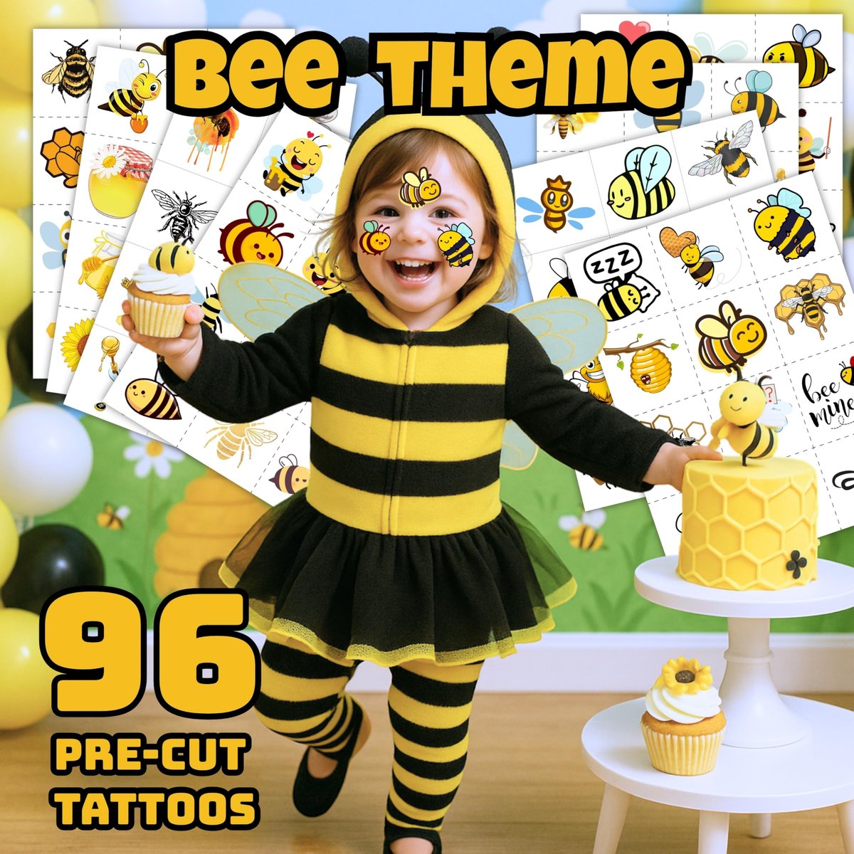 96PCS Bee Pre-Cut Temporary Tattoos for Kids – Cute Party Favors & Decorations, Perfect for Birthday Parties, School Prizes, and Themed Gifts for Boys & Girls - görsel 3