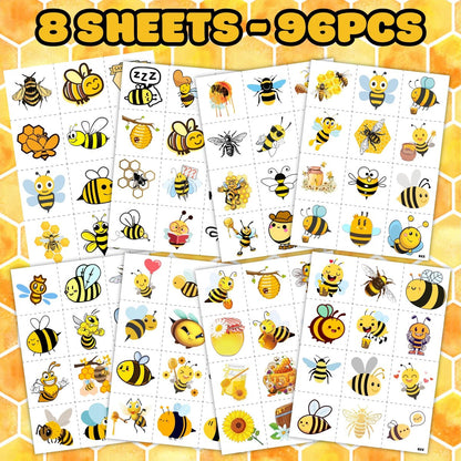 96PCS Bee Pre-Cut Temporary Tattoos for Kids – Cute Party Favors & Decorations, Perfect for Birthday Parties, School Prizes, and Themed Gifts for Boys & Girls