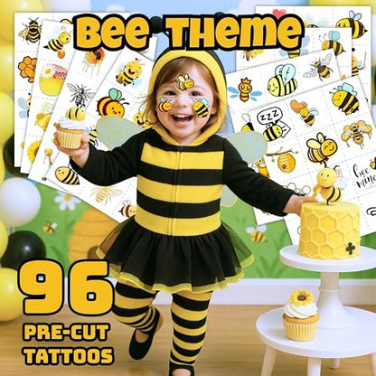 96PCS Bee Pre-Cut Temporary Tattoos for Kids – Cute Party Favors & Decorations, Perfect for Birthday Parties, School Prizes, and Themed Gifts for Boys & Girls