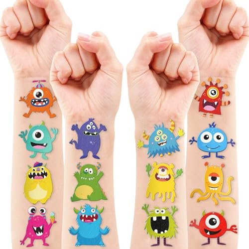 96PCS Monster Pre-Cut Temporary Tattoos for Kids - Cute Little Monster Birthday Party Supplies, Fun Stickers for Boys & Girls, Themed Party Favors, School Prizes, Gift Ideas Avelisse