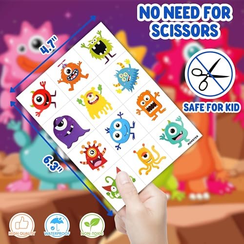 96PCS Monster Pre-Cut Temporary Tattoos for Kids - Cute Little Monster Birthday Party Supplies, Fun Stickers for Boys & Girls, Themed Party Favors, School Prizes, Gift Ideas Avelisse