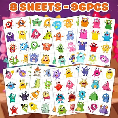 96PCS Monster Pre-Cut Temporary Tattoos for Kids - Cute Little Monster Birthday Party Supplies, Fun Stickers for Boys & Girls, Themed Party Favors, School Prizes, Gift Ideas Avelisse