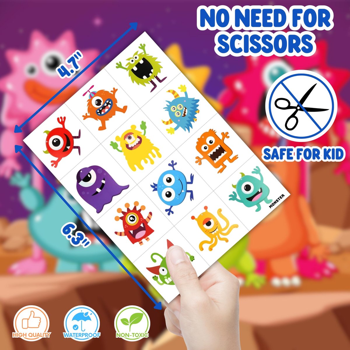 96PCS Monster Pre-Cut Temporary Tattoos for Kids - Cute Little Monster Birthday Party Supplies, Fun Stickers for Boys & Girls, Themed Party Favors, School Prizes, Gift Ideas Avelisse