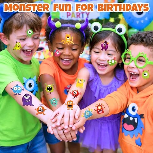 96PCS Monster Pre-Cut Temporary Tattoos for Kids - Cute Little Monster Birthday Party Supplies, Fun Stickers for Boys & Girls, Themed Party Favors, School Prizes, Gift Ideas Avelisse