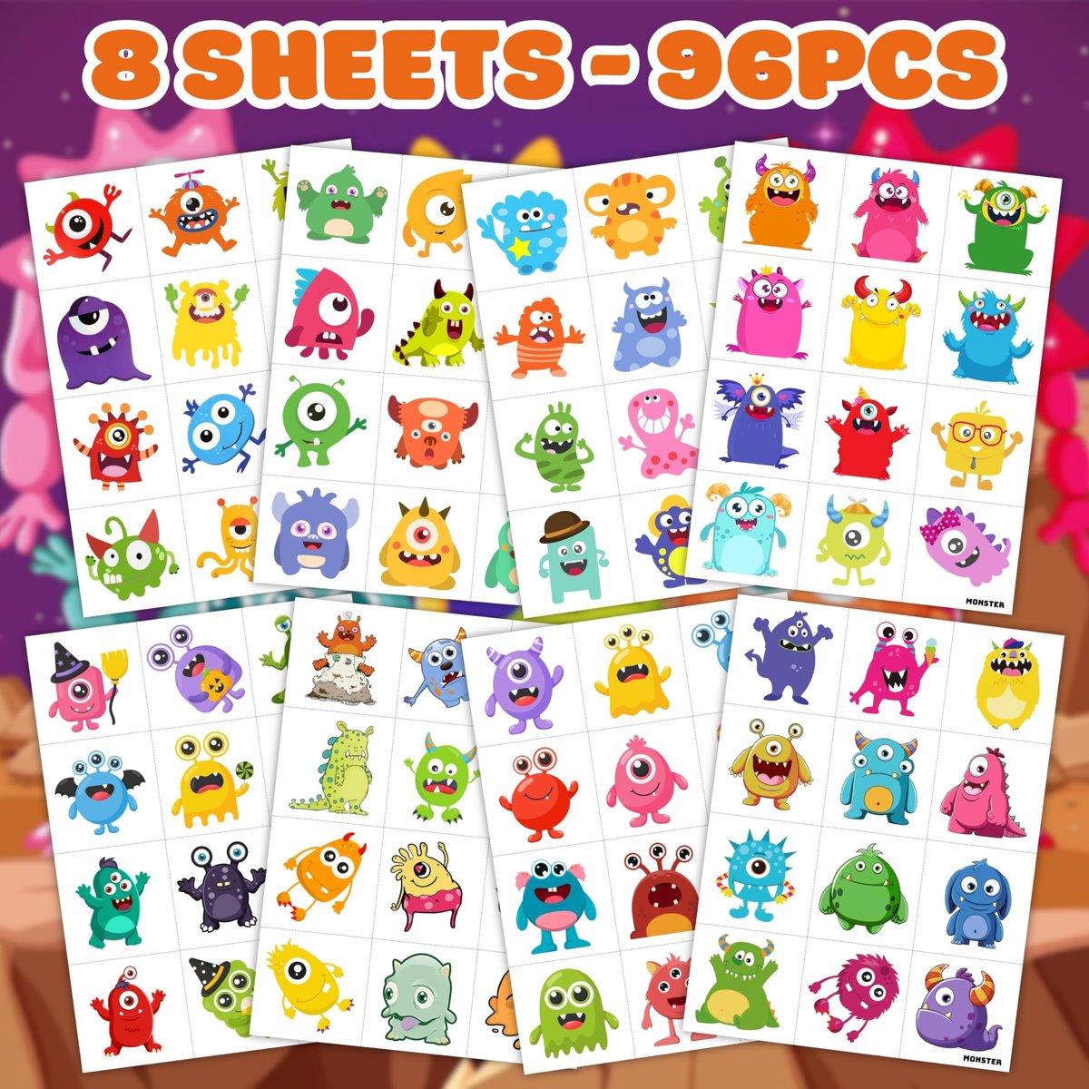 96PCS Monster Pre-Cut Temporary Tattoos for Kids - Cute Little Monster Birthday Party Supplies, Fun Stickers for Boys & Girls, Themed Party Favors, School Prizes, Gift Ideas Avelisse