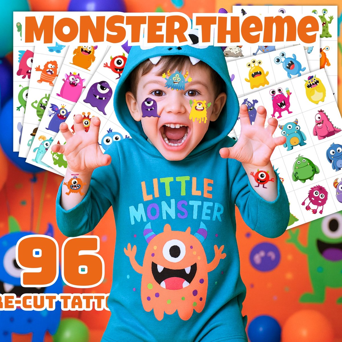 96PCS Monster Pre-Cut Temporary Tattoos for Kids - Cute Little Monster Birthday Party Supplies, Fun Stickers for Boys & Girls, Themed Party Favors, School Prizes, Gift Ideas Avelisse