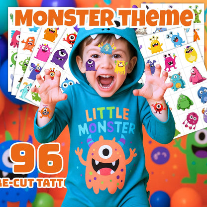 96PCS Monster Pre-Cut Temporary Tattoos for Kids - Cute Little Monster Birthday Party Supplies, Fun Stickers for Boys & Girls, Themed Party Favors, School Prizes, Gift Ideas Avelisse