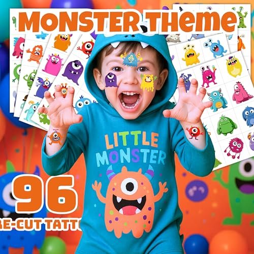 96PCS Monster Pre-Cut Temporary Tattoos for Kids - Cute Little Monster Birthday Party Supplies, Fun Stickers for Boys & Girls, Themed Party Favors, School Prizes, Gift Ideas Avelisse