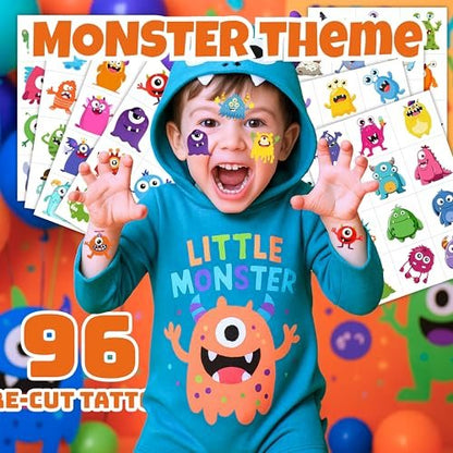 96PCS Monster Pre-Cut Temporary Tattoos for Kids - Cute Little Monster Birthday Party Supplies, Fun Stickers for Boys & Girls, Themed Party Favors, School Prizes, Gift Ideas Avelisse
