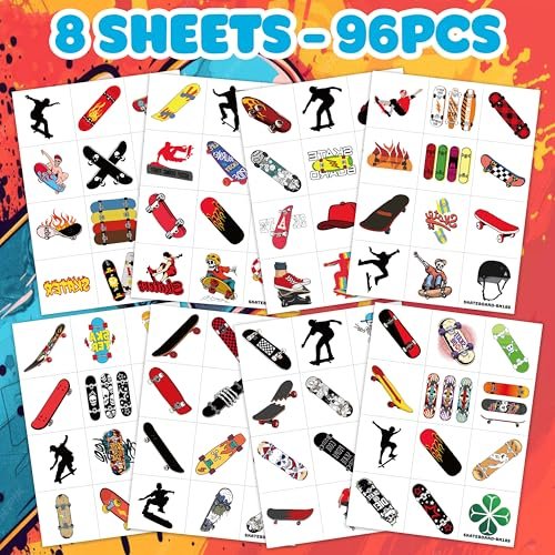 96PCS Skateboard Temporary Tattoos Pre-Cut – Cool Skate Theme Party Decorations, Fun Stickers for Boys Girls Kids, Party Favors, School Gifts & Rewards - görsel 4